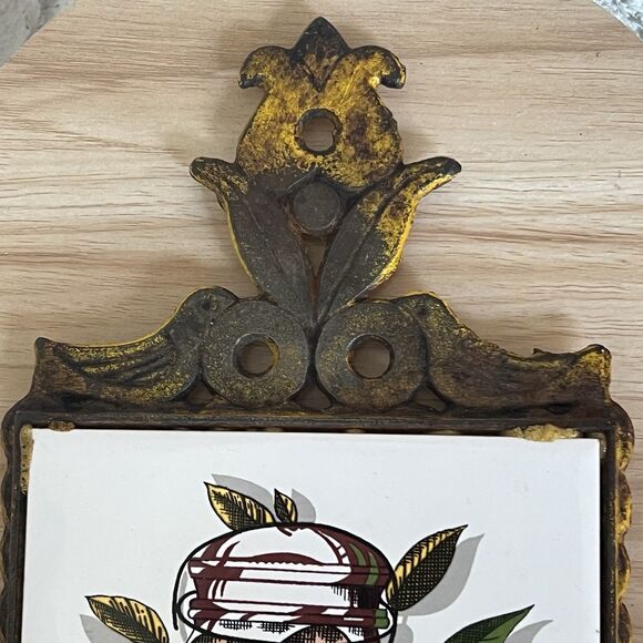 VTG Cast Iron Ceramic Tile Footed Trivet PEACHES in Brandy Rustic MCM Farmhouse - Picture 6 of 13